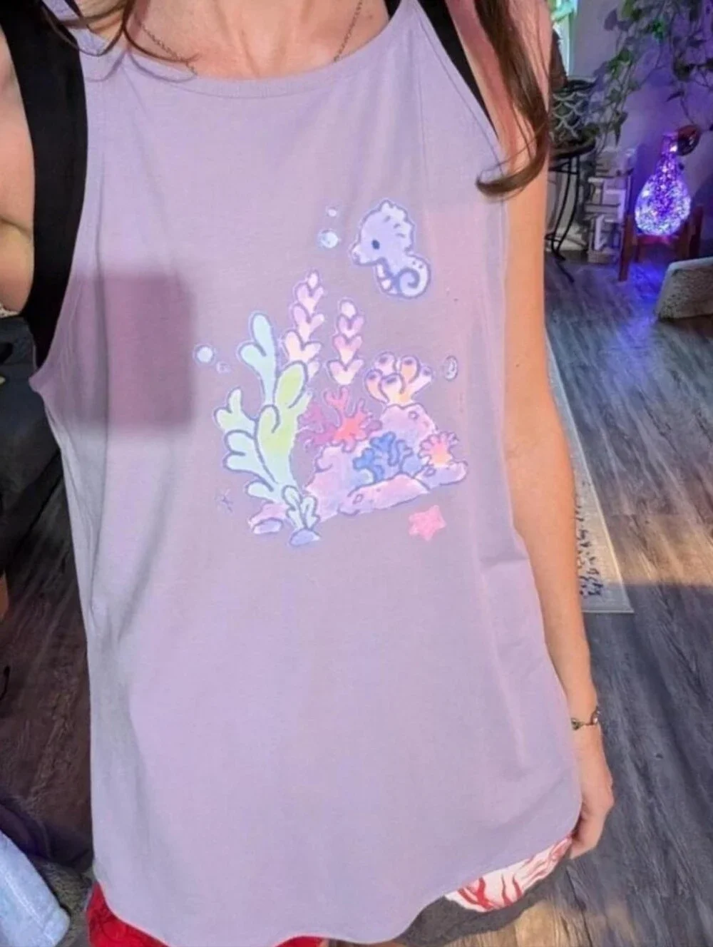 CRZ YOGA Lilac Tank Top with Pastel Seafoam and Coral Design